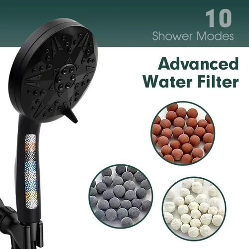 Miniatura 2 de Cabezal de ducha de mano filtrado negro mate - 10 modos de pulverización con lluvia y masaje, filtro integrado, boquillas antiobstrucciones
