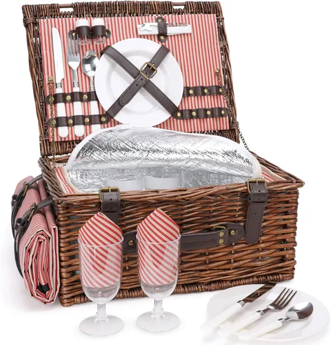 Miniatura 10 de Cesta de picnic para 4 personas – Cestas con hielera y manta de picnic, cesta de picnic clásica de mimbre con alfombrilla de playa impermeable y a