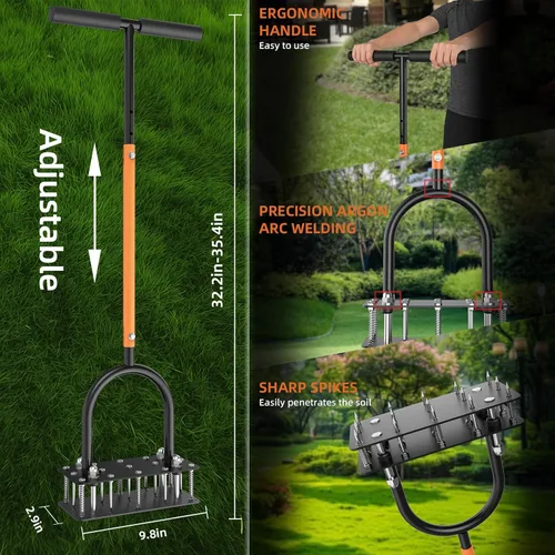 Miniatura 2 de GAINO Aireador manual para césped con 15 puntas, aireador ajustable de 32 a 35 pulgadas con mango en T para césped, diseño automático de expulsión