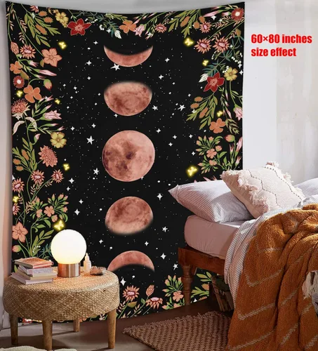 Miniatura 4 de Rexful Tapiz de jardín iluminado por la luna, fase lunar rodeada de plantas y flores, manta negra para colgar en la pared, 36 x 48 pulgadas