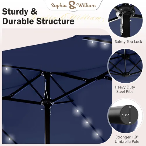 Miniatura 4 de Sophia & William Sombrilla de patio extragrande de 15 pies con luces solares, sombrilla rectangular para exteriores con base incluida, sombrilla