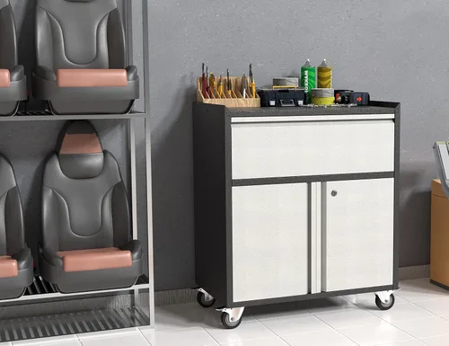 Miniatura 2 de Armario de almacenamiento de metal de 35.43 pulgadas de alto con ruedas, armario de almacenamiento con cerradura con 1 cajón y 2 puertas, gabinetes