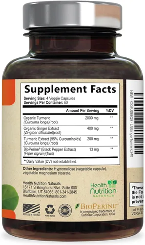 Miniatura 9 de Suplemento de curcumina de cúrcuma, 2000 mg de cúrcuma orgánica y 400 mg de jengibre orgánico por porción, 95% curcuminoides y pimienta negra