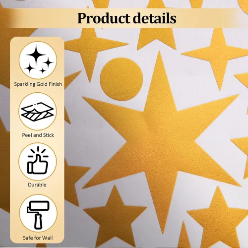 Miniatura 8 de Calcomanías de pared vintage con estrellas doradas, 5 hojas, 210 unidades, calcomanías con estrellas y puntos, calcomanías de arte de pared