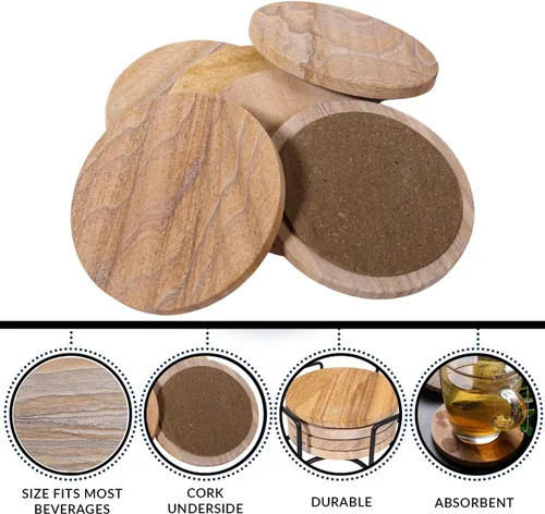 Miniatura 4 de Posavasos redondos absorbentes de agua hechos a mano para bebidas, 4 pulgadas de ancho, hechos de piedra arenisca arcoíris (juego de 6 con soporte)