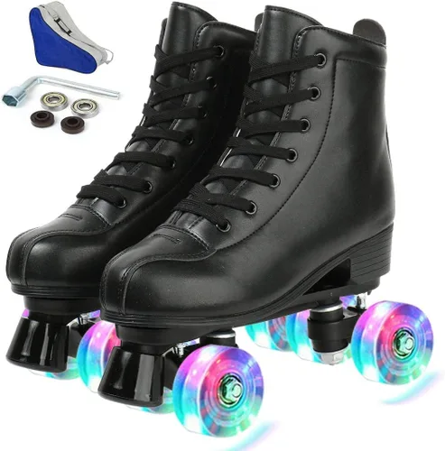 Jessie - Patines de piel sintética ajustables de cuatro ruedas de alta calidad para mujeres, hombres, niños y niñas - Interior y exterior Rueda Flash