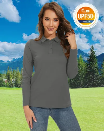 Miniatura 3 de TACVASEN Polo de manga larga para mujer, con protección solar UV, SPF para exteriores, manga larga, 3 botones, secado rápido, para golf