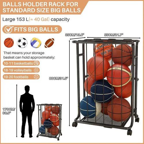 Miniatura 6 de Estante de almacenamiento grande para pelotas de garaje con ruedas, con asa, para baloncesto, fútbol, voleibol, garaje, gimnasio, color negro