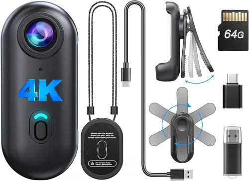 BOBLOV Mini cámara corporal W4 4K, cámara portátil de 64 GB con clip giratorio de 360° y clip magnético, 120 minutos para grabación, fácil de usar y