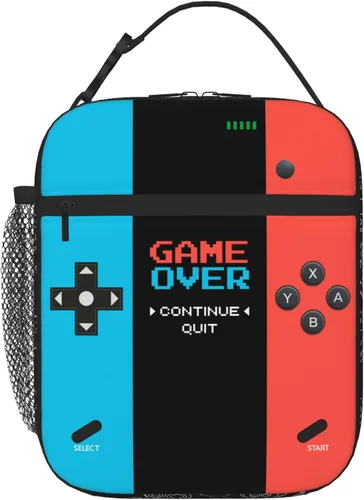 Lonchera aislada para videojuegos, lonchera para niños y niñas, reutilizable, portátil, con asa desmontable (rojo neón y azul)