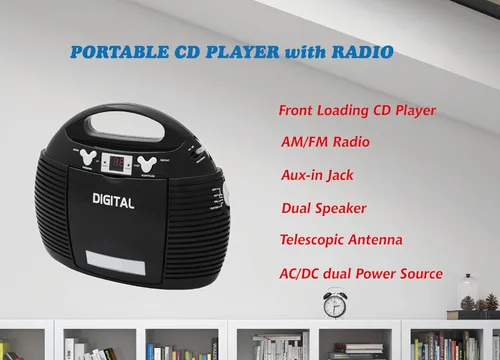 Miniatura 2 de HANNLOMAX Reproductor de CD portátil HX-327CD con radio AM/FM, entrada auxiliar, fuente de alimentación dual AC/DC (negro)