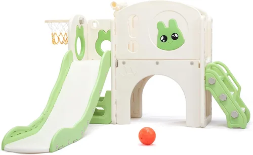 Miniatura 4 de Jaxpety Juego de tobogán y escalador 8 en 1 para niños pequeños, parque infantil con escaleras, túnel, telescopio, almacenamiento, aro de baloncesto