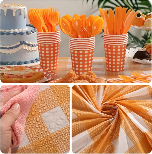 Miniatura 3 de Oudain 162 piezas de suministros de fiesta de Navidad para 20 invitados, 2 manteles a cuadros a cuadros, platos, vasos, servilletas, cuchillos