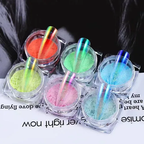 Miniatura 4 de Polvo cromado de sirena blanca con purpurina para uñas, 7 colores iridiscentes Aurora cromados, polvo de neón, pigmento de espejo holográfico, arco