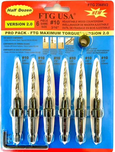 Miniatura 32 de FTG USA Juego de 12 brocas avellanadoras #4 (7/64") para madera con broca cónica