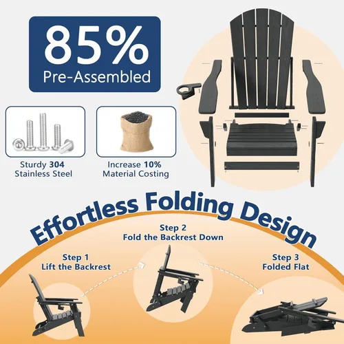 Miniatura 8 de Silla Adirondack plegable con soporte para tazas, de plástico HDPE resistente a todo tipo de clima, sillas de patio al aire libre, asiento