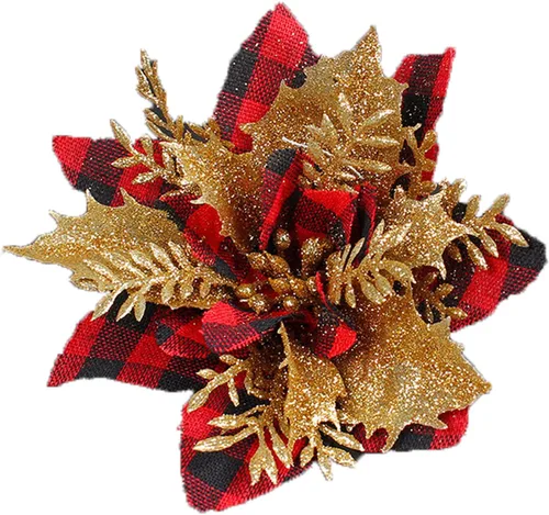 Miniatura 10 de 24 flores de Pascua de Navidad de 4.7 pulgadas con purpurina roja búfalo a cuadros de flores de nochebuena para adornos de árbol de Navidad