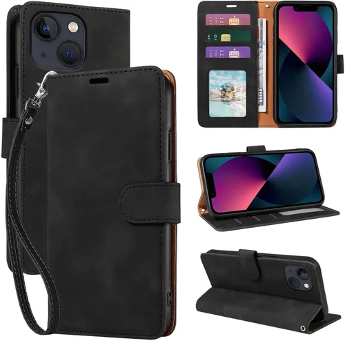 Funda tipo cartera para iPhone 13 Mini 5.4 pulgadas, con bloqueo RFID, soporte para 3 tarjetas, correa de muñeca, soporte protector a prueba de