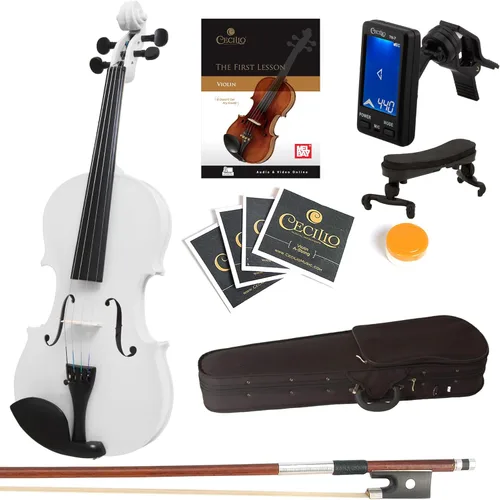 Miniatura 15 de Violín Mendini de madera sólida, libro de lecciones, cuerdas extra, sintonizador violín, arco y estuche, Blanco