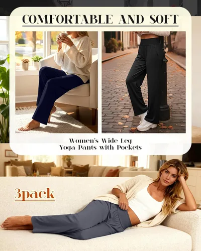 Miniatura 203 de Neer - Conjunto de 3 pantalones de yoga de pierna ancha para mujer - Pantalones deportivos cómodos, holgados, de cintura alta y casuales