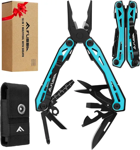 Miniatura 7 de FLISSA Alicates multiherramientas 16 en 1, regalos para hombres, multiherramienta EDC de acero inoxidable con cuchillo de bolsillo, clip