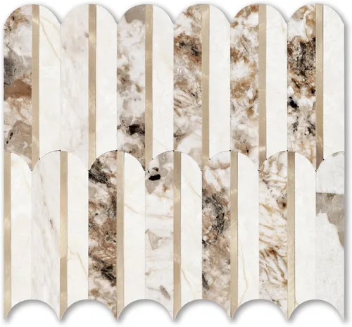 10 hojas de escamas de pescado para despegar y pegar para azulejos de pared de cocina, 12 pulgadas, mármol marrón, mezcla de metal dorado, azulejos