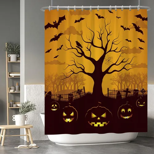 Miniatura 87 de Cortina de ducha de fantasma y gato negro para niños, 36 x 72 pulgadas, espeluznante y bonita, cortina de baño de Halloween con 6 ganchos, cortina