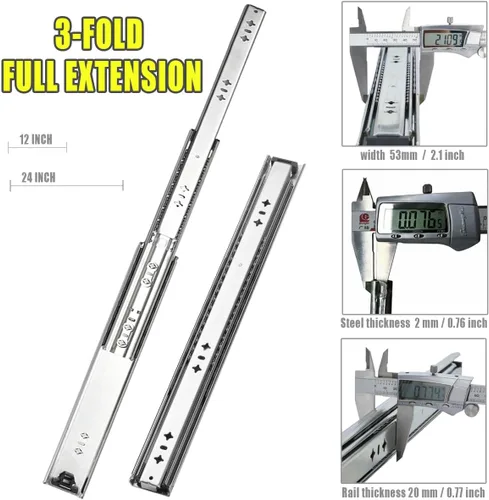 Miniatura 8 de Rieles de cajón resistentes de 12 pulgadas, 1 par, capacidad de carga de 100 libras, montaje lateral, extensión completa, rodamiento de bolas