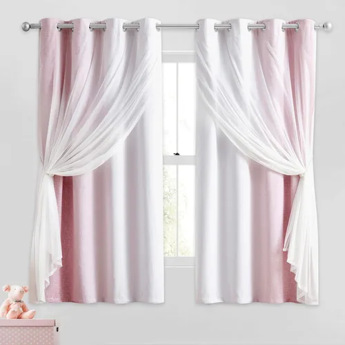 Miniatura 16 de Cortinas 100% opacas con superposición de gasa Mix and Match de doble capa, 54 pulgadas de largo, 2 paneles para dormitorio y sala de estar, azul
