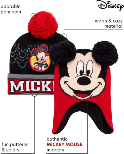 Miniatura 2 de Disney Sombrero de invierno para niños, paquete de 2 gorro con pompones Lightning McQueen o gorro de Mickey Mouse (4-7)