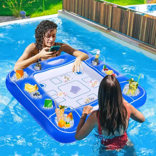 Miniatura 4 de Mesa de juego inflable para piscina con cartas impermeables (35.5 x 35.5 pulgadas, azul/blanco)