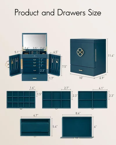 Miniatura 5 de Vlando Joyero grande, cajas de joyería y organizadores de 6 niveles, estuche de almacenamiento de joyas con espejo con 5 cajones, reloj de piel