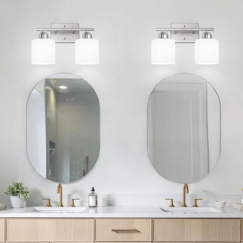 Miniatura 5 de Luz de baño de níquel cepillado, Luz de tocador de baño de 2 luces de níquel cepillado, Lámpara de tocador con pantallas de vidrio esmerilado blanco