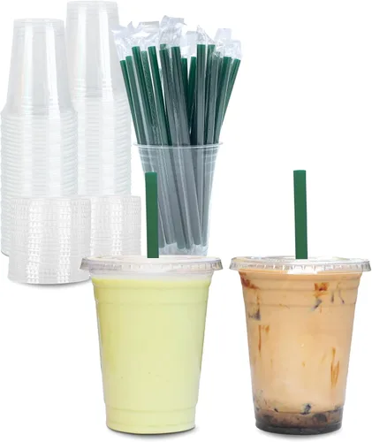 [100 juegos] Vasos de plástico transparente de 12 onzas con tapas y popotes, vasos desechables de fiesta para café helado, bebidas frías, batido,