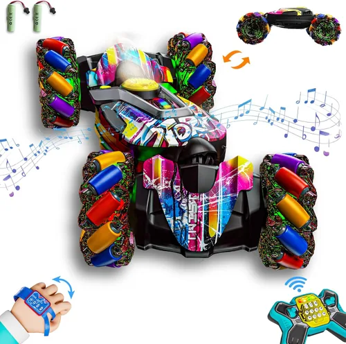 Miniatura 9 de Coche de acrobacias RC con detección de gestos, juguetes de coche de control remoto para edades 5-7-13, con luces, música y rociador, 4WD, giros