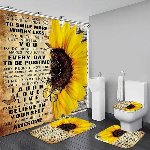 AZHM Juego de 4 piezas de cortinas de ducha con alfombras Juego de baño de girasol decoración citas inspiradoras cortinas de baño juego de ducha con