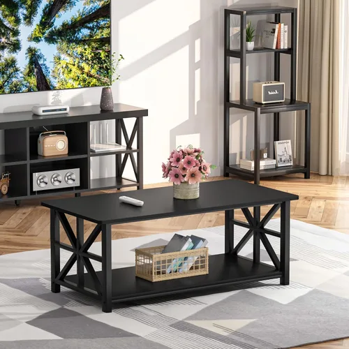 Miniatura 7 de GreenForest - Mesa de café con esquina redonda, mesa central de granja con estante de almacenamiento de 2 niveles diseño X-Frame para sala de estar