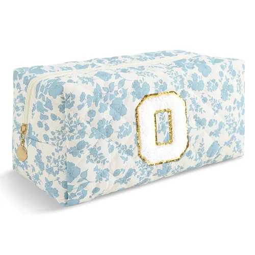 Miniatura 394 de Pequeña bolsa de maquillaje personalizada con inicial A-Z Preppy Patch, bolsa de cosméticos de viaje de felpilla blanca con cremallera, bonita bolsa