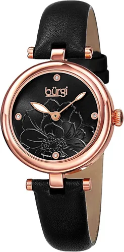 Burgi Diamond Accented Flower Dial Reloj - 4 marcadores de hora de diamantes en correa de cuero genuino - BUR128