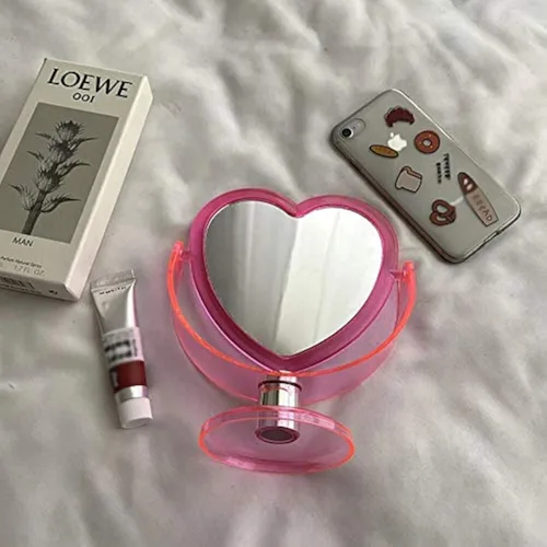 Espejo de maquillaje acrílico de doble cara con forma de corazón, espejo cosmético en forma de corazón, base transparente, espejo de maquillaje para