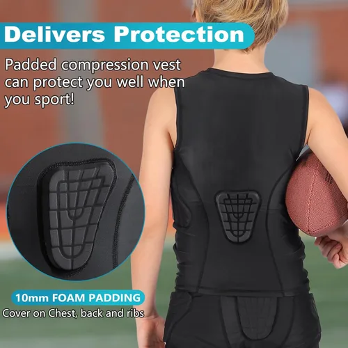 Miniatura 6 de TUOY Camisa acolchada sin mangas con protector de esternón en el pecho, protector de corazón, camisa protectora de compresión para fútbol, béisbol