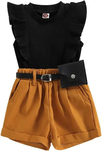 Miniatura 189 de TheFound Trajes de verano para niñas pequeñas, sin mangas, de punto acanalado, halter, pantalones cortos, ropa para recién nacidos, conjunto de 3
