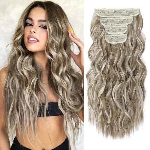 Miniatura 32 de REECHO Extensiones de cabello, 4 extensiones de cabello con clip, HE001, extensiones de cabello sintético suave natural para mujer, rubio claro