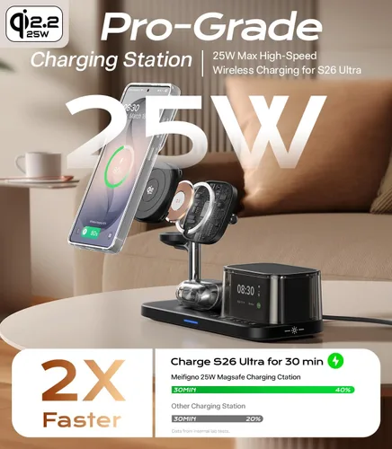 Miniatura 5 de Meifigno Estación de carga 5 en 1 de 25 W para Galaxy S26 Ultra con altavoz Bluetooth, reloj despertador, luz nocturna, cargador inalámbrico