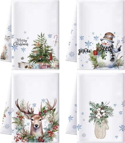 Miniatura 10 de Preboun Juego de 4 Toallas de Cocina Navideñas de 17x26'' a Cuadros Buffalo Absorbentes, Toalla de Platos Navideña con Diseños de Árbol de Navidad
