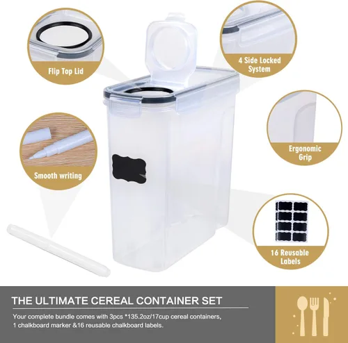 Miniatura 2 de FOOYOO Juego de recipientes para cereales – 3 piezas herméticas grandes para cereales secos (135.2 onzas), dispensador sin BPA, recipientes
