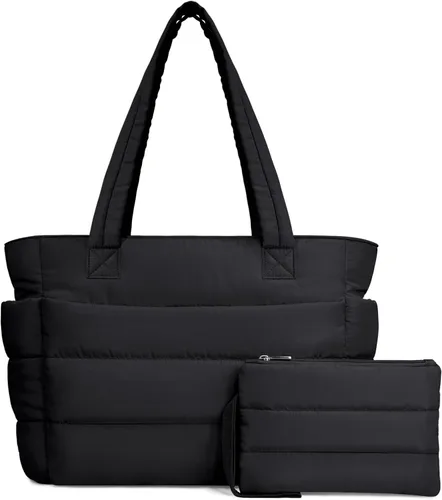 Miniatura 22 de TOPDesign Bolsa Tote Acolchada para Mujer, Bolso de Mano Ligero Inflado con Compartimentos, Bolsa de Hombro Acolchada para Trabajo, Viajes, Gimnasio