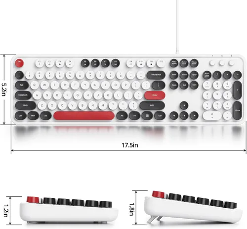 Miniatura 2 de Owpkeenthy Teclado de máquina de escribir con llave redonda retro con cable, tamaño completo, silencioso, Plug and Play USB con soportes plegables