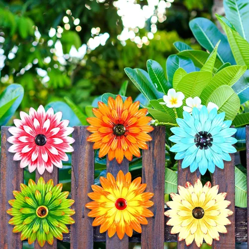Miniatura 6 de Photect 6 piezas de flores de metal para colgar al aire libre, margaritas de metal para decoración de pared, flores 3D de múltiples capas