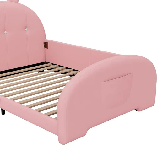 Miniatura 6 de Cama de princesa tapizada en forma de conejo de tamaño individual, moderna y bonita cama de plataforma de piel sintética con cabecero y estribo